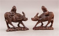 Pair of Chinese Wooden Carved Boy on Cow Figurines