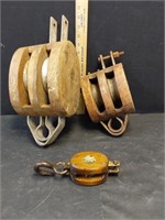 3 WOODEN PULLEYS