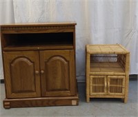 TV STAND ON WHEELS  AND WICKER TABLE