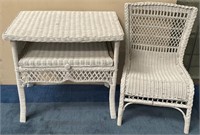 11 - WHITE WICKER CHAIR & TABLE