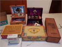 Jewelry boxes & contents, Cigar & whiskey boxes
