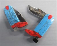 (2) Turquoise and coral folding knives marked