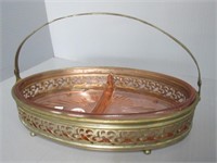 Pink depression glass divided relish tray with
