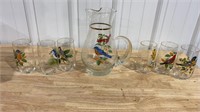 Pitcher and 6 glasses, songbirds