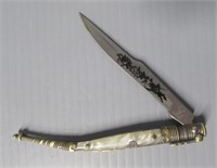Mother of Pearl folding knife, ornate blade.