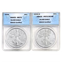 2008, 2008-W US Silver Eagle 2 Coin Set ANACS MS,