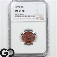 1893 Indian Head Cent Penny, NGC MS64 RB