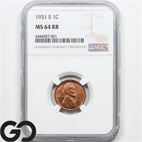 1931-S Lincoln Cent Wheat Penny, NGC MS64 RB