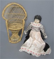 Vintage China head doll, with chair. Note: Thumb