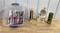 Angel clock, flags and tote