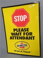 Tin Stop Pennzoil sign. Measures: 23" H x 17" W.