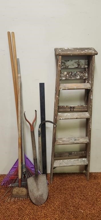 5 Ft Wooden Ladder, Sickle, Shovel, (3) Rakes