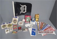 Detroit Tigers flag, baseball in package, etc.