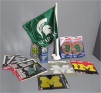 Sports items includes Michigan glass, flag,