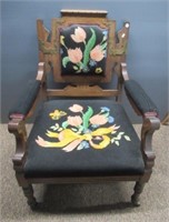 Antique wood needlepoint occasional chair.