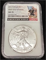 2017 SILVER AMERICAN EAGLE, FIRST DAY OF ISSUE,