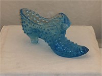 Fenton Blue Opalescent Hobnail Cat Head Glass Shoe