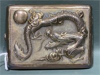 SIGNED SILVER ORIENTAL CIGARETTE BOX W/DRAGON