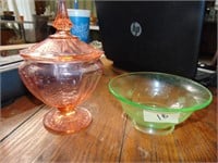 Pink Depression Candy Dish & Uranium Glass Bowl
