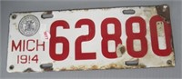 1914 Porcelain Michigan license plate.