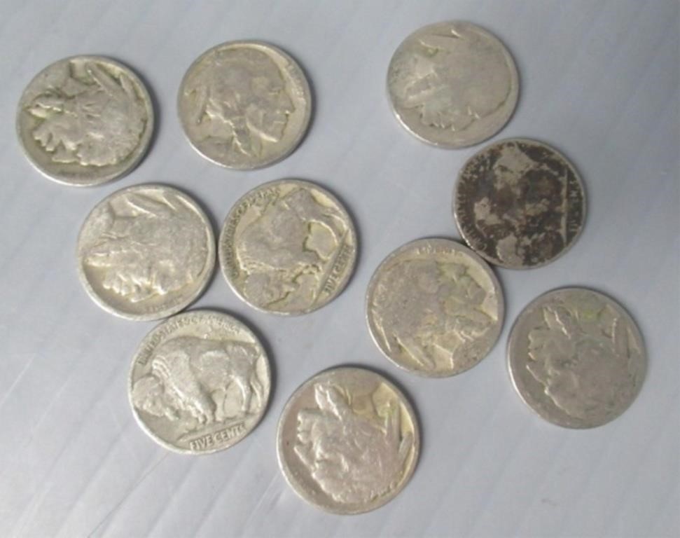 (10) Buffalo Nickels in Circulated Condition.
