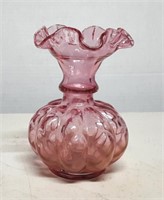 Fenton Diamond Optic Cranberry Melon Glass Vase