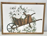 Wooden Framed White Flower Wheel Barrow Painting