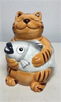 Ceramic Cat Sitting Holding Fish Cookie Jar