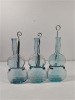 Vintage UV 365 NM Aqua Glass Violin Bottles With
