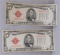 (2) Red Stamp $5 Bills. Series of 1928 E.