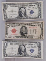 $5 Red Stamp Series of 1928 E and (2) 1935 C $1