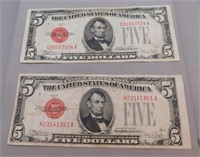 (2) 1928 E Red Stamp $5 Bills.