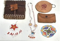 Leather Coasters, Indian Chg Purse, Beaded Necklac