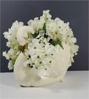 Ivory Swan Planter with artificial flowers