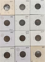(12) Indian Head Pennies, Various Years 1864-1886