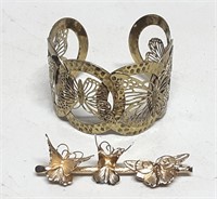 Gold Tone Butterfly Cuff Bracelet & Brooch Pin