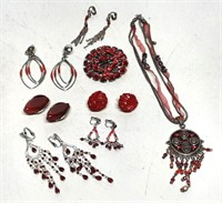 Costume Jewelry Lot Red Brooch, Earrings, Necklace