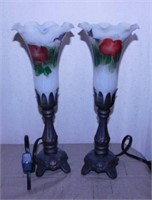 Pair of hand painted lily glass shade lamps,
