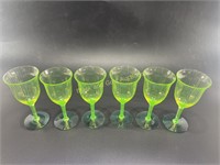 (6) 1920’s Glowing Vaseline Green Water Glass Set