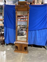 Wood hall tree with mirror and marble bench,