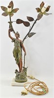 Antique Cast Metal Lamp of Woman w/ Flowers