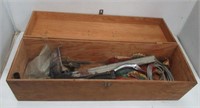 Wood tool box with contents that includes bicycle