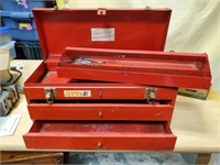 Red 2 Drawer Lift Top Metal Tool box Plus Contents