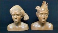 Carved Wooden Indonesian Woman & Man Busts
