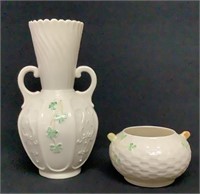 Belleek Irish Porcelain Vase & Dish Brown & Green