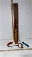 2 Vintage Wooden Levels, Hay Hook, Hand Drill, &