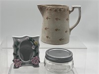 Wellor antique pitcher & frame & ball jar