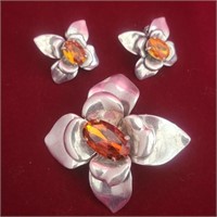 Charm and Earring Set- silver color with  orange