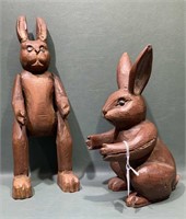 2 CARVED WOOD PAINTED FOLK ART RABBITS