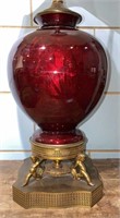 RED GLASS & BRASS BASE TABLE LAMP